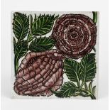 A large William De Morgan Chelsea Period Double Rose tile, painted in shades of aubergine and