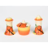 'Orange Erin' a Clarice Cliff Bizarre cruet set, painted in colours, comprising salt and pepper