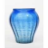 A James Powell & Sons Whitefriars Minoan glass vase, swollen form, blue threaded on sea green glass,