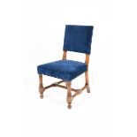 A Marsh & Jones oak chair designed by Augustus Welby Northmore Pugin, the carved oak frame with blue