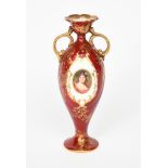 A Doulton Burslem porcelain vase, slender, shouldered form with applied scroll handles, painted in