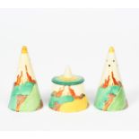 'Secrets' a Clarice Cliff Bizarre Conical cruet set, painted in colours, comprising salt and