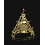 A rare Reformed Gothic brass mantel clock designed by Bruce Talbert, probably manufactured by