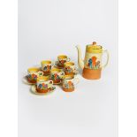 'Crocus' a Clarice Cliff Bizarre Tankard coffee set for six, painted in colours between yellow and
