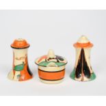 'Orange Trees and House' a Clarice Cliff Fantasque Bizarre cruet set, painted in colours,