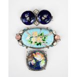 A large George Hunt silver and enamel brooch, oval frame set with rose quartz and abalone shell