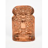 A twin-light copper wall sconce, shaped rectangular back-plate stamped in low relief with three