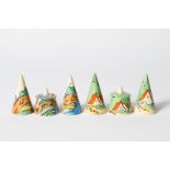 'Orange Roof Cottage' a Clarice Cliff Fantasque Bizarre Conical cruet set, painted in colours,