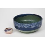 A Holyrood Pottery bowl, covered to the base with a running blue glaze over celadon, the interior