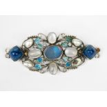 A fine George Hunt silver and enamel bar brooch, wirework frame with blue enamelled leaves, set with