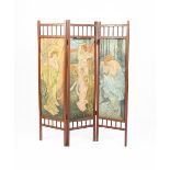 An Art Nouveau mahogany three fold screen, each panel painted with a maiden, in colours unsigned,