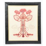An Art Nouveau silk embroidery, three sinuous flowers stems in red, framed in ebonised wood frame,