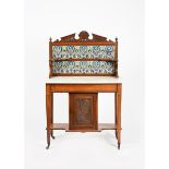 A mahogany and marble topped washstand inset with William De Morgan tiles, tapering square legs with