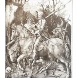 Knight Death and the Devil a large Minton's tile, after an engraving by Albrecht Durer in 1513,