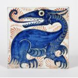 A William De Morgan Late Fulham Period lustre Long-tongued Beast tile, painted in blue and silver