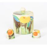 'Delecia Citrus' a Clarice Cliff Bizarre Conical preserve pot and cover, painted in colours, and