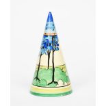 'Blue Firs' a Clarice Cliff Bizarre Conical sugar sifter, painted in colours between graduated