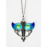 An Art Nouveau William H Haseler silver and enamel pendant necklace, pierced and cast with foliate