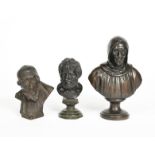 Savonarola patinated bronze bust on waisted socle, and a bronze bust of a man and a bronze bust of a