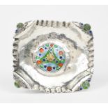 An Arts and Crafts small silver and cloisonne enamel dish, rectangular, with fluted rim, with