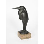 W K Schubert Standing Heron, 1938 patinated bronze on brown marble base signed in the cast W K
