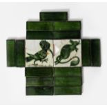 A William De Morgan Late Fulham Period Hoopoe tile, painted in shades of green on a white ground,