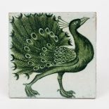 A William De Morgan Merton Abbey Period Omnia Vanitas (Strutting Peacock) tile, painted in shades of