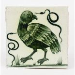 A rare William De Morgan Late Fulham Period Partridge and Snakes tile, painted in shades of green on