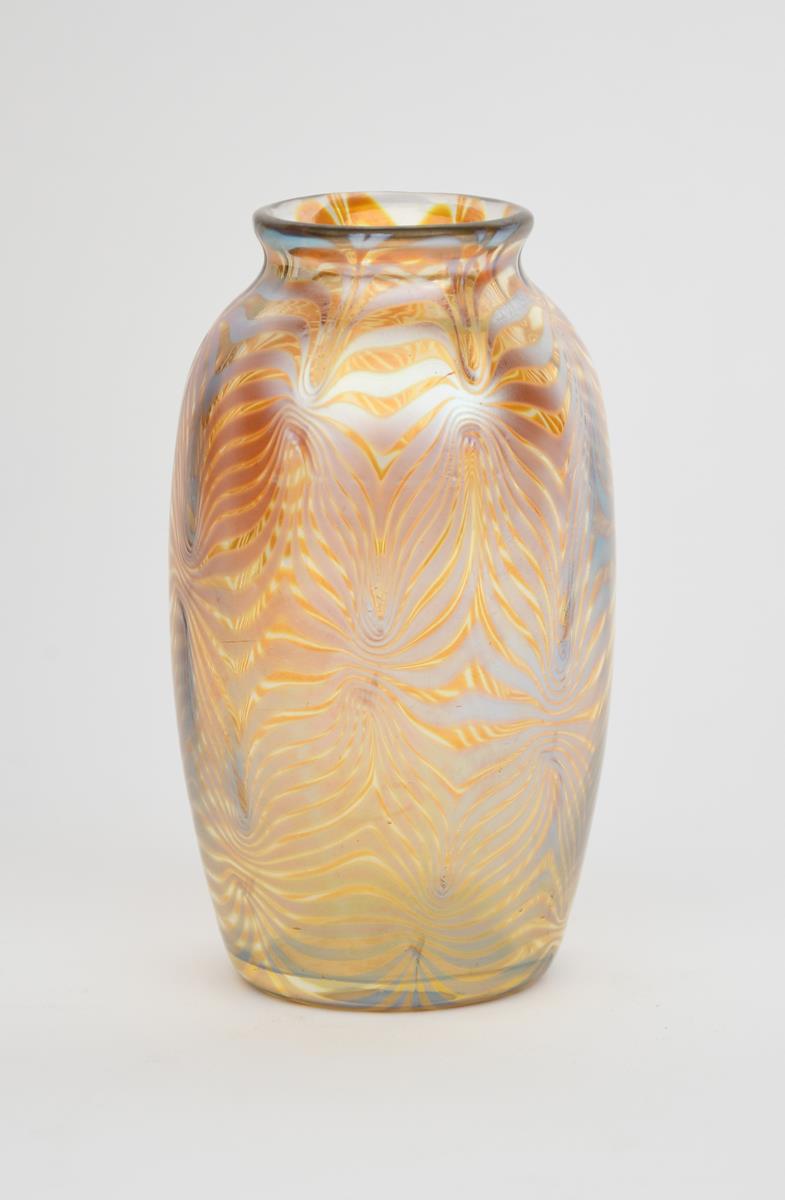 An Art Nouveau Loetz Phaenomen iridescent glass vase, shouldered cylindrical form with collar rim,