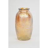 An Art Nouveau Loetz Phaenomen iridescent glass vase, shouldered cylindrical form with collar rim,