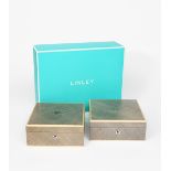 A Linley table box designed by David Linley, square section with hinged cover, exotic wood veneer