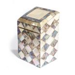 AN EARLY VICTORIAN MOTHER OF PEARL AND ABALONE ETUI C.1840 the sloping lid enclosing a fitted