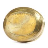 A GEORGE I BRASS OVAL SNUFF OR TOBACCO BOX DATED '1722' the pull-off cover inscribed 'John Wicks his