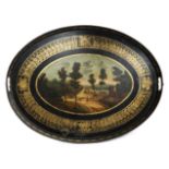 A GERMAN TOLE PEINTE OVAL TRAY IN THE MANNER OF STOBWASSER, EARLY 19TH CENTURY black japanned with