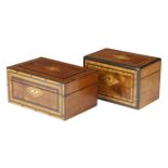 A VICTORIAN WALNUT AND PARQUETRY TEA CADDY C.1850-60 decorated with lozenges and feather banding,