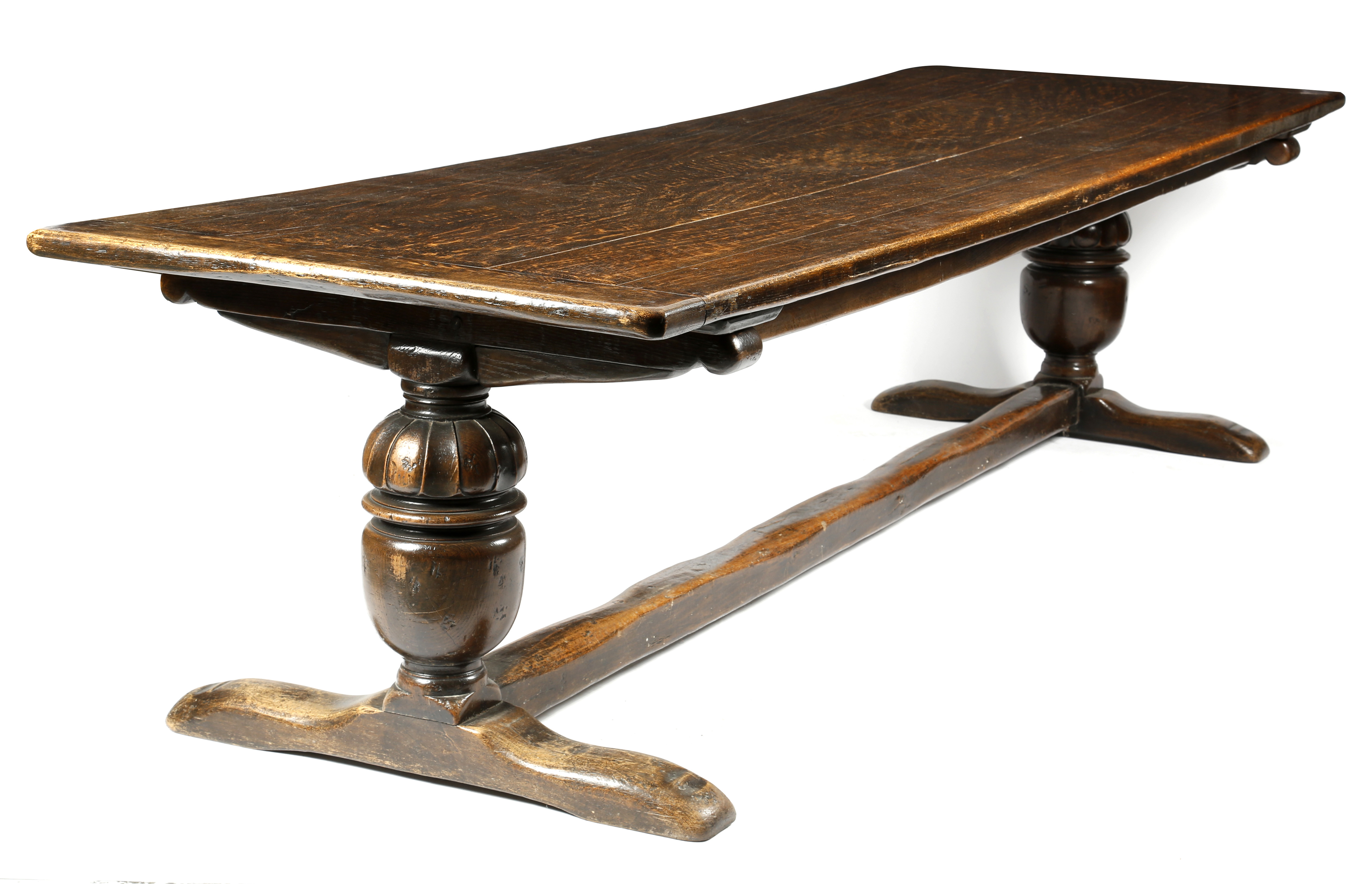 A LARGE OAK REFECTORY TABLE IN 17TH CENTURY STYLE EARLY 20TH CENTURY the boarded top with cleated