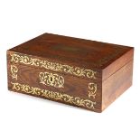 λ A GEORGE IV ROSEWOOD AND BRASS MARQUETRY SEWING BOX C.1825-30 inlaid with scrolling leaves,