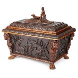 A LARGE VICTORIAN CARVED MAHOGANY FOLK ART TEA CHEST POSSIBLY IRISH, MID-19TH CENTURY of sarcophagus