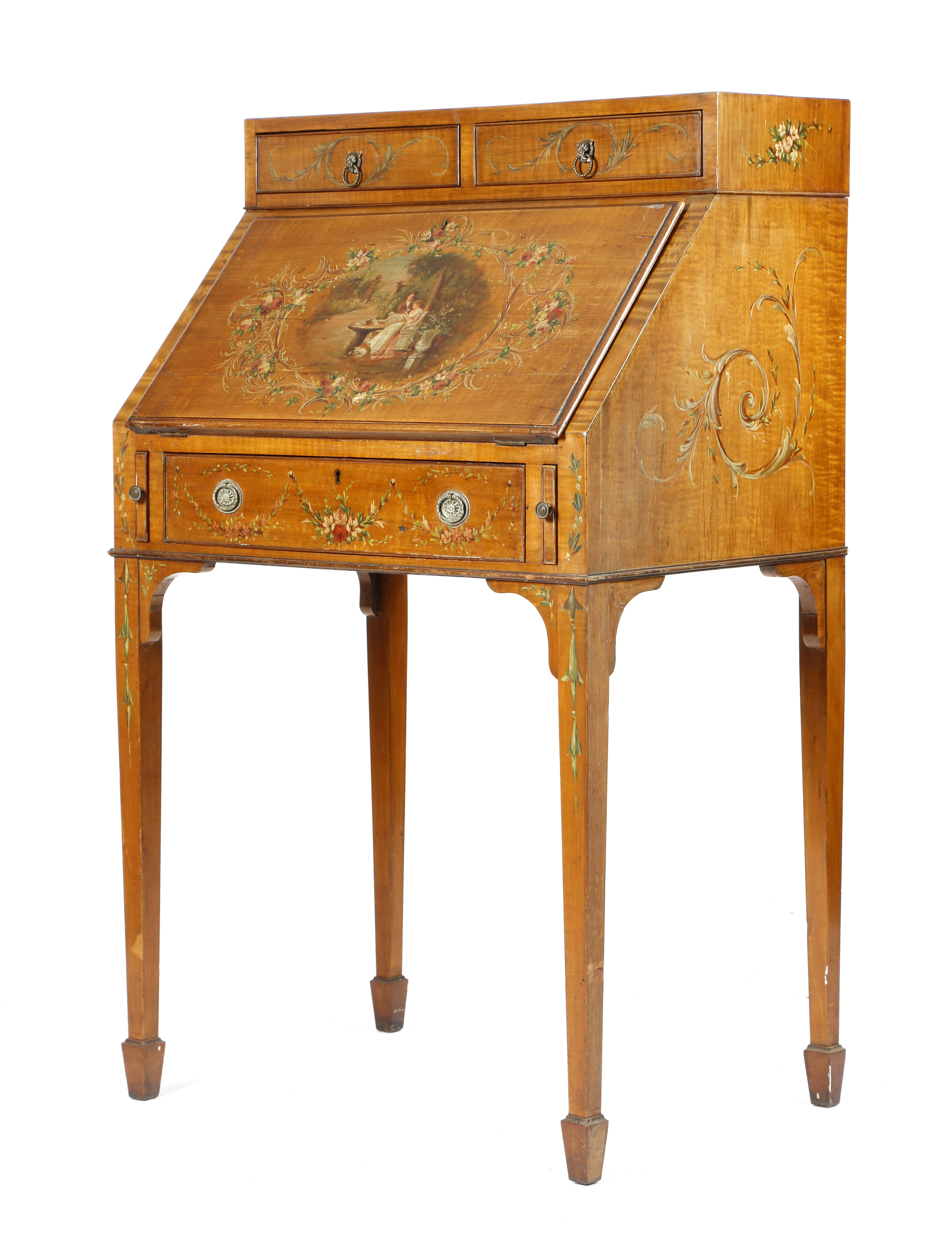 A SHERATON REVIVAL PAINTED SATINWOOD BUREAU DE DAME LATE 19TH / EARLY 20TH CENTURY decorated with