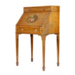 A SHERATON REVIVAL PAINTED SATINWOOD BUREAU DE DAME LATE 19TH / EARLY 20TH CENTURY decorated with