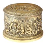 A VICTORIAN BRASS OVAL TEA CADDY PROBABLY BY HARCOURT & ALLEN, MID-19TH CENTURY repousse decorated