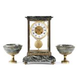 A FRENCH VERDE ANTICO MARBLE FOUR GLASS MANTEL CLOCK GARNITURE LATE 19TH / EARLY 20TH CENTURY the