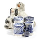 A SMALL COLLECTION OF POTTERY 19TH CENTURY comprising: four pearlware blue and white mugs, each