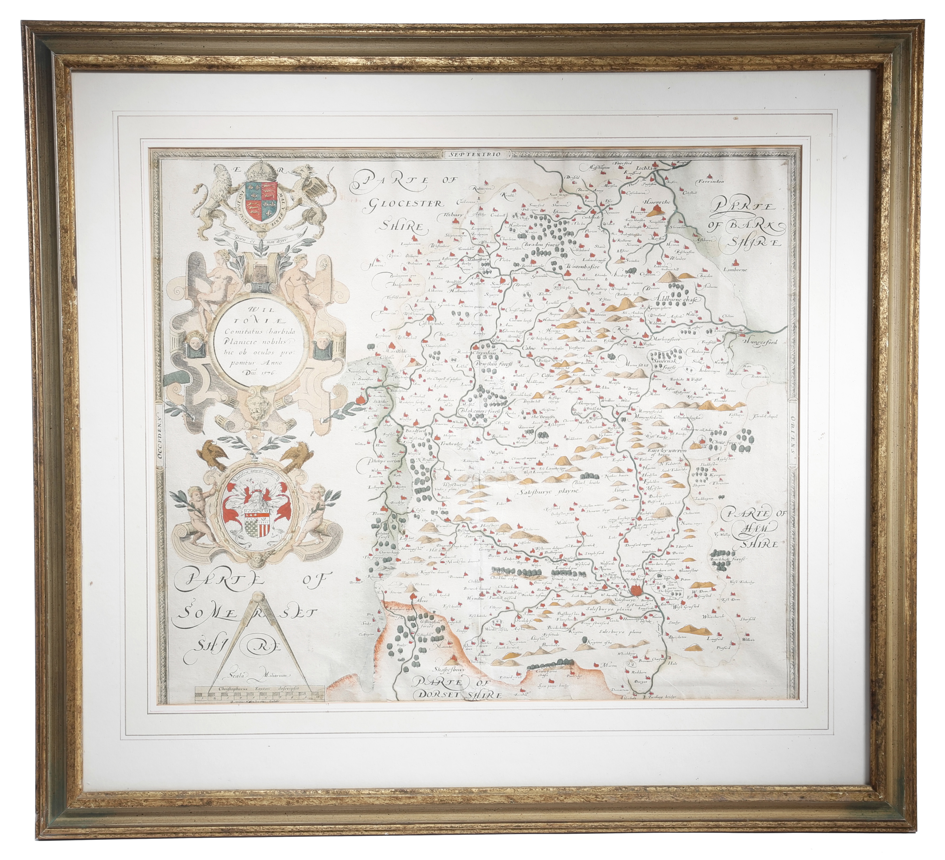 'WILTONIA' AN ENGRAVED MAP OF WILTSHIRE BY CHRISTOPHER SAXTON (C.1540 - C.1610) engraved by Remigius