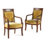 A PAIR OF FRENCH RESTORATION MAHOGANY FAUTEUILS EARLY 19TH CENTURY each with a damask padded back