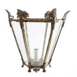 A 19TH CENTURY GILT BRASS HEXAGONAL HALL LANTERN C.1830-40 of tapering form, with glass panels and