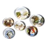 SIX VICTORIAN SOUVENIR GLASS PAPERWEIGHTS MID- TO LATE 19TH CENTURY four with printed