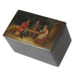 A RUSSIAN BLACK LACQUER PAPIER-MACHE TEA CADDY BY VISHNIAKOV, LATE 19TH CENTURY the hinged lid