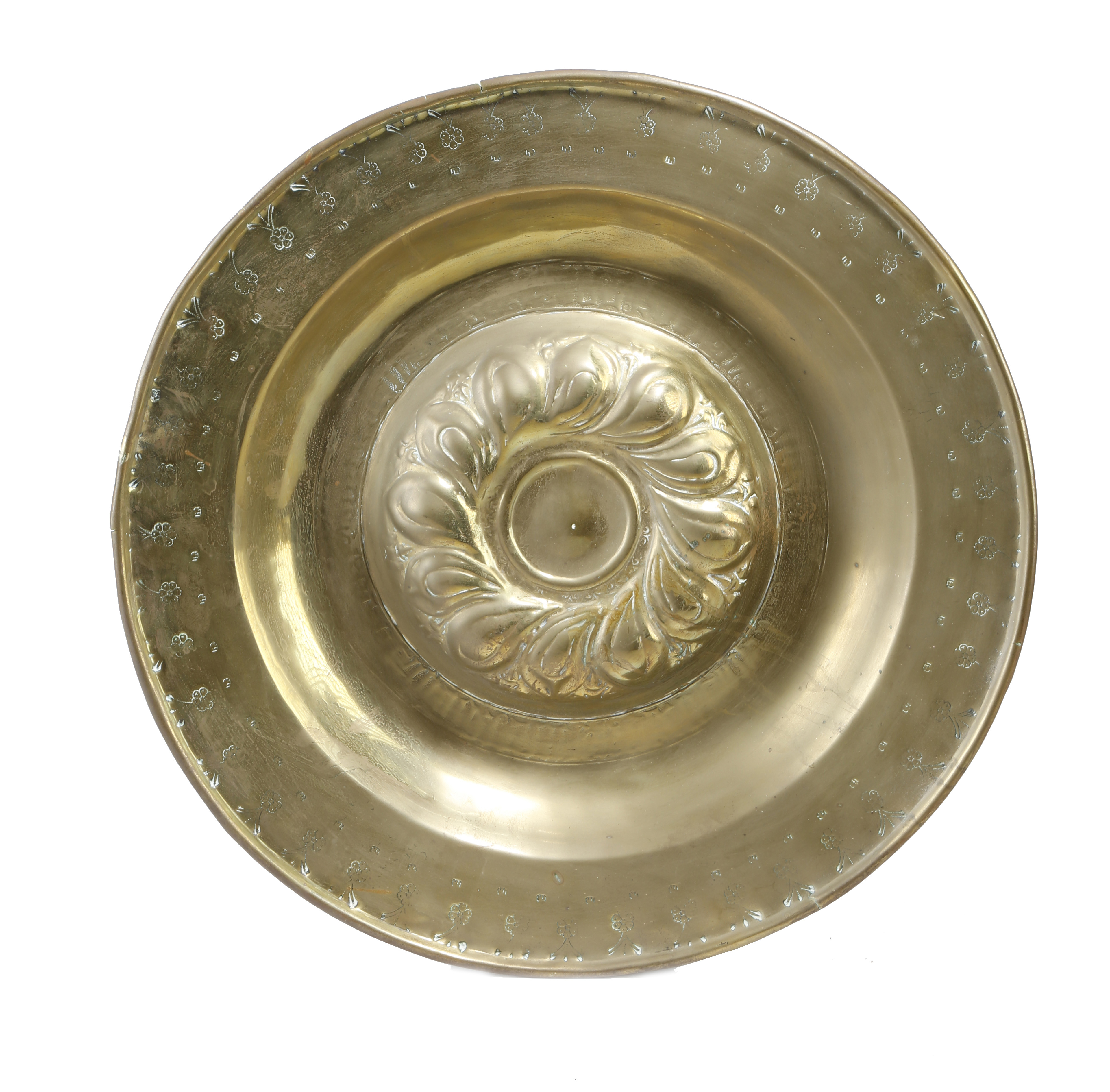 A GERMAN BRASS ALMS DISH PROBABLY NUREMBURG, MID-16TH CENTURY with punched decoration, the centre - Image 2 of 4