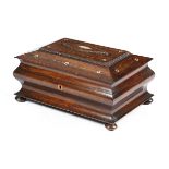 λ AN EARLY VICTORIAN ROSEWOOD WORK BOX C.1840-50 of sarcophagus form, with mother of pearl dot inlay